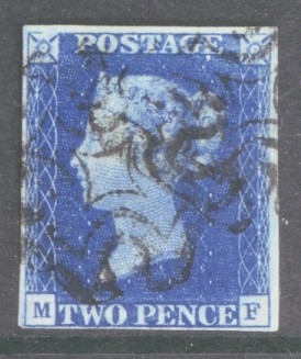 1840 2d Blue SG 5 Plate 2 lettered M.F.  A Very Fine Used example with 4 Good Margins cancelled by a Black M/X. Cat £1,100