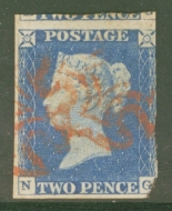 1840 2d Blue SG 5 Plate 1  N.G.  A Fine Used example in a Bright Shade cancelled by a Red M/X Cat £1,250