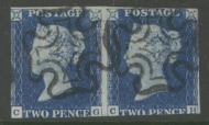 1840 2d Blue SG 5  A pair neatly cancelled by 2 crisp black M/X