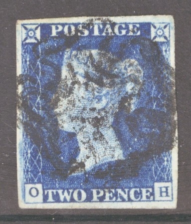 1840 2d Deep Blue SG 4 Plate 1  O.H. A Good Used example with 4 Large Margins cancelled by a Black M/X