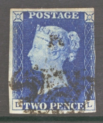 1840 2d Deep Blue SG 4 Plate 2 D.L. A Fine Used example in a Deep Shade with 3 Large Margins cancelled by a Black M/X. …