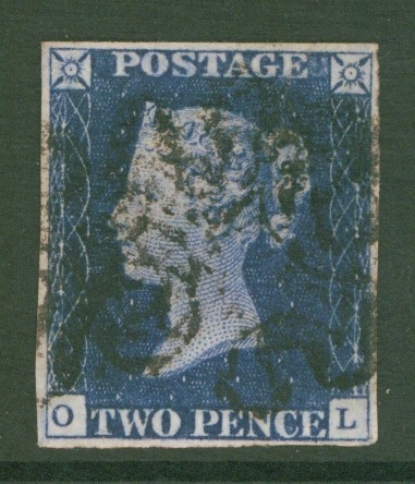 1840 2d Deep Blue SG 4 Plate 2 lettered O.L.  A  Fine Used example with 4 Good Margins cancelled by a Black M/X. Cat £1,100