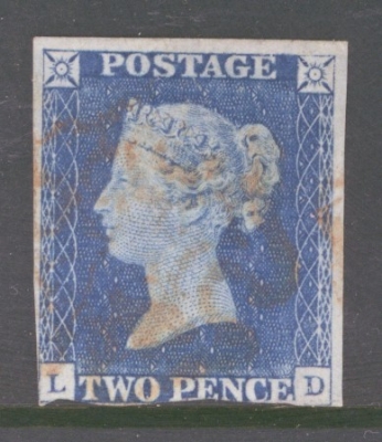 1840 2d Pale Blue SG 6 Plate 1 L.D. A Fine Used example with 3 Good Margins Cancelled by a Red M/X.  Cat £1250