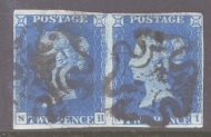 1840 2d Blue SG 5 Plate 1  A Good Used Pair with 4 clear to Good Margins Cancelled by a Black M/X