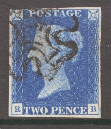 1840 2d Blue SG 5 Plate 2 R.B. A Very Fine Used example with 4 Clear to Good Margins neatly cancelled by a Black M/X.  Cat £2500