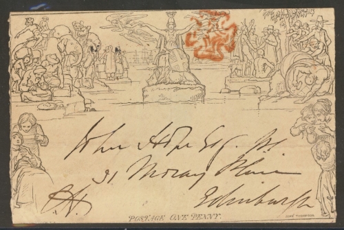 1840 1d Mulready Envelope SG ME2 A145. Used on the 25th May 1840  A Nice early date, 19 Days after issue. From London to Edinburgh with Red M/X opened at side. Cat £550