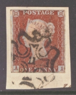 1841 1d Red  Cancelled by a 11 in Maltese cross SG 8m Plate 34  A.I.  A Very Fine Used example with 4 very close to good margins tied to piece. Cat £350