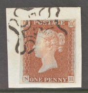 1841 1d Red cancelled by a 5 in Maltese Cross SG 8m lettered N.H.  A Fine Used example with 3 Good to large margins tied to Piece.