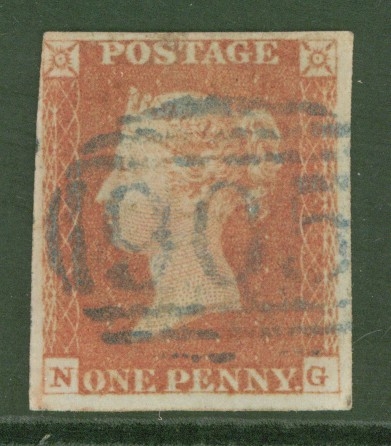 1841 1d Red  N.Q. Cancelled by a Blue Wolverhampton Numeral  SG 8p   A Very Fine Used example with 3 Good Margins 4th Margin just touching. Cat £250