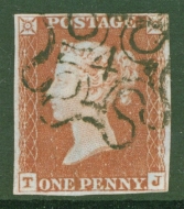 1841 1d Red cancelled by a 4 in Maltese Cross SG 8m lettered T.J.  A Very Fine Used example with 4 Good to large margins. Cat £500