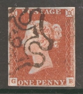 1841 1d Red cancelled by a 6 in Maltese Cross SG 8m Lettered G.B.  A Very Fine Used example with 4 Clear Margins.