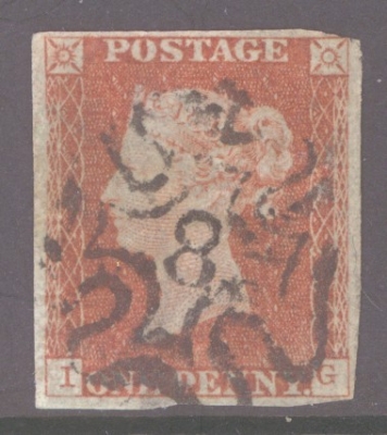 1841 1d Red  Cancelled by a 8 in Maltese cross SG 8m Plate 34 I.G.  A Fine Used example with 4 Clear to Good margins. Small reverse thin