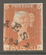 1841 1d Red  Cancelled by a Dorchester Town CDS.  SG 8o   A Very Fine Used example with 4 Clear to Large Margins. Cat £700