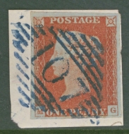 1841 1d Red M.G. Cancelled by a Blue Irish 107 Castle Bar Numeral  SG 8p  A Very Fine Used example with 4 Large to Huge Margins on piece. Cat £250+