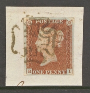 1841 1d Red lettered R.I.  SG 8 variety Cancelled by Brown Maltese Cross.  A Very Fine Used example on piece with 4 large margins