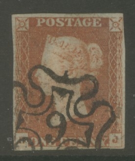 1841 1d Red cancelled by a 9 in Maltese cross SG 8m B.J. 