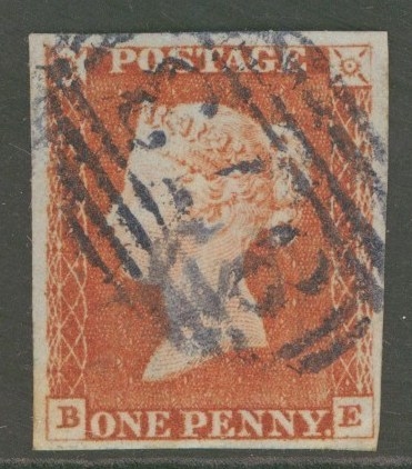 1841 1d Red  Cancelled by a Blue Weymouth Numeral  B.E.  SG 8p   A Very Fine Used example with 4 Large to Extra Margins. Cat £250