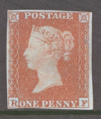 1841 1d Red Brown SG 8 Lettered R.F.  A Fresh Unused example without gum. 4 Clear to Good Margins. Cat £600 with Gum