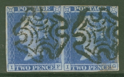 1841 2d Blue SG 14 Plate 3 IF-IG  A Fine Used pair with 3 Close to Good margins cancelled by a Black M/X