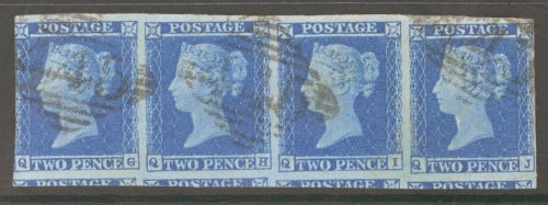 1841 2d Blue SG 14 Plate 4.  A Fine Used strip of 4 with mostly Huge Margins cancelled by Irish cancel.