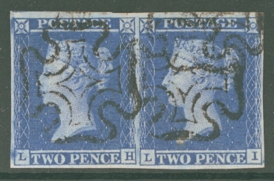 1841 2d Blue SG 14 Plate 3  A Very Fine Used pair with 4 margins and black m/x margins