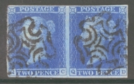 1841 2d Blue SG 14  Plate 3  A  Fine Used pair with 4 Close to Good Margins Neatly Cancelled by a M/X