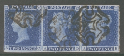 1841 2d Blue SG 14 plate 3 A Very Fine Used strip of 3 with 4 clear to large margins each neatly cancelled by a Black M/…