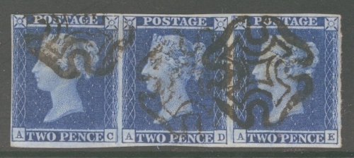 1841 2d Blue SG 14 plate 3 A Very Fine Used strip of 3 with 4 clear to large margins each neatly cancelled by a Black M/X