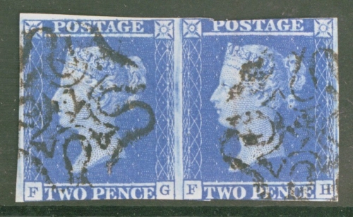 1841 2d Blue Cancelled by a 12 in Maltese Cross SG 14f.  A Good Used pair, 1 with 3 margins. Cat £1,000