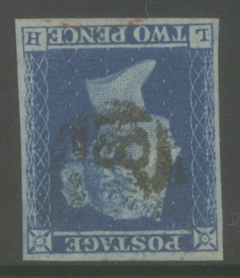 1841 2d Blue Plate 4 variety Inverted Watermark SG 14wi  A Fine Used example 4 Good Margins. Cat £875