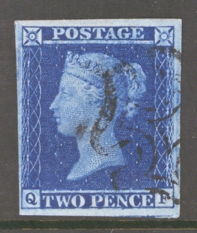 1841 2d Deep Blue SG 15 Plate 3 Q.F.    A Very Fine Used example with 4 Good to Large Margins Neatly Cancelled by a Black M/X.  Cat £275