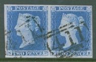 1841 2d Blue SG 14  Plate 4 ND - NE    A  Very Fine Used pair with 4 Clear to Large Margins 