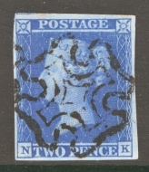 1841 2d Pale Blue  SG 13 Plate 3 Lettered N.K.   A Very Fine Used example with 4 Good to Large margins Neatly Cancelled By a Black M/X. Cat £275