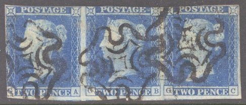 1841 2d Blue SG 14  Pl 1   A Fine Used strip of 3 with clear Margins