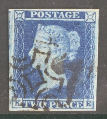 1841 2d Deep Blue SG 15  Plate 3 K.E.  A Very Fine Used example with 4 Good to Large  Margins Cancelled by a M/X. Cat £275