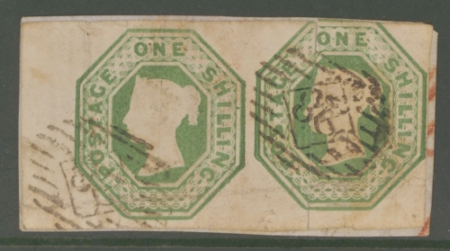 1847 1/- Deep Green SG 56  A Fine Lightly Used Marginal Pair with Good margins  on piece, small faults including light creasing. Cat £2000