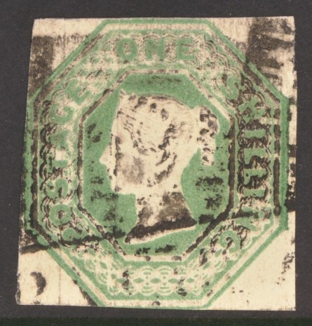 1847 1/- Green SG 55 A  Fine Used example cut square. Cat £1000