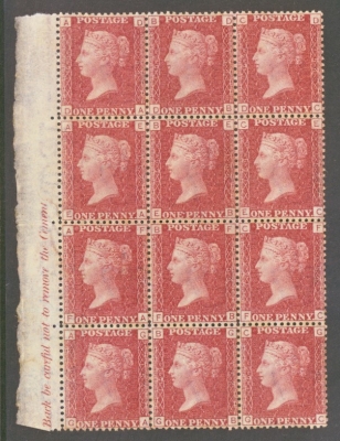 1858 1d  Red SG 43 Pl 154  A Superb Extra Fresh U/M Marginal Inscription Block of 12