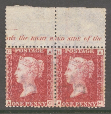 1858 1d  Red SG 43 Pl 188  AG-AH.  A  Fresh U/M Marginal pair