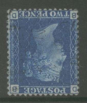 1858 2d Blue Plate 14 variety Inverted Watermark  SG 46wi. A superb Used example. Cat £300