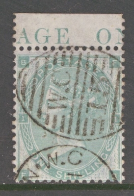 1862 1/- Green SG 90 F.B.  A Fine Used Marginal example. Cat £350