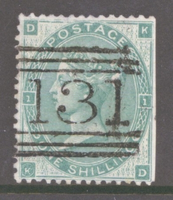 1862 1/- Green on Thick Paper with variety K in Circle SG 90da. A Very Fine Used example with trimmed wing margin clearly showing the variety. A scarce stamp and seldom offered. Cat £3,750 