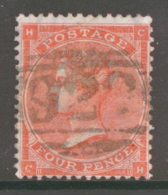 1862 4d Bright Red SG 81 Lettered C.H. A Very Fine Used  example with Deep colour. Cat £185+