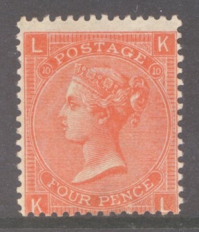 1865 4d Deep Vermilion SG 95 Plate 10 K.L. A Superb Fresh U/M example with Extra Deep Colour. Cat £825 as M/M