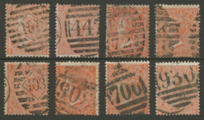 GB 1865 4d Vermilion SG 94 Complete set of the eight plates. Cat £810