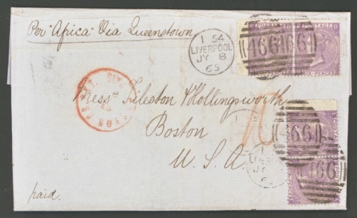 1865 6d Deep Lilac SG 96 Plate 5 x 2 pairs on cover from Liverpool to Boston USA Via Queenstown Africa with Boston arrival CDS in Red                              erlin