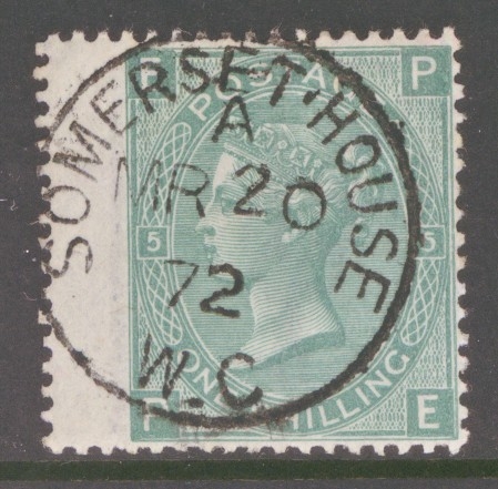 1867 1/- Green SG 117 Plate 5. P.E.  A Very Fine Used cancelled by an Upright Somerset House CDS