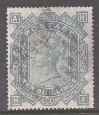 1867 10/- Greenish Grey SG 128 H.A.  An Average Used example with Good Colour. Reverse Thin. Will look OK in album. Cat £3,200