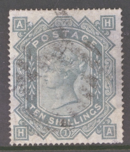 1867 10/- Greenish Grey SG 128 H.A.  An Average Used example with Good Colour. Reverse Thin. Will look OK in album. Cat £3,200