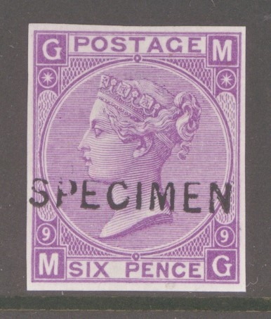 1867 6d Mauve Plate 9 Imperf + Overprinted Specimen SG Spec J77s.   A  Superb Fresh U/M example. Cat £550 as M/M